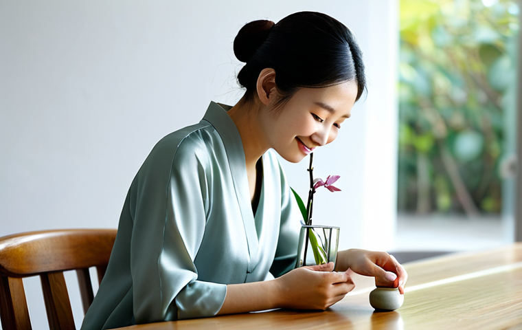 A serene East Asian woman, fully clothed in a modest, elegant long-sleeved silk blouse, with a gentle, professional smile, thoughtfully applying a small amount of botanical essence from a delicate, minimalist ceramic bottle to her cheek. She is seated at a polished wooden table in a sunlit, contemporary studio, adorned with subtle traditional East Asian decor like a single orchid plant or a smooth river stone. The background is soft and blurred, emphasizing her tranquil focus and the natural product. The scene conveys a sense of calm, natural beauty, and wellness, reflecting the holistic benefits of traditional practices. Perfect anatomy, correct proportions, natural pose, well-formed hands, proper finger count, natural body proportions, professional photography, high quality, safe for work, appropriate content, fully clothed, modest, family-friendly.