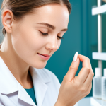 A healthy-looking adult, with a serene and calm expression, gently applying a small amount of a clear serum to their cheek with delicate fingertips. They are fully clothed in a modest, light-colored professional outfit. The background is a bright, clean, modern skincare laboratory with soft, natural lighting, featuring blurred glass containers and subtle, tasteful botanical illustrations. The overall atmosphere is one of gentle care and scientific precision. Perfect anatomy, correct proportions, natural pose, well-formed hands, proper finger count, natural body proportions, professional photography, high quality, safe for work, appropriate content, fully clothed, modest, family-friendly.