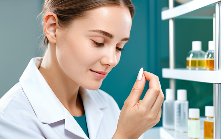 A healthy-looking adult, with a serene and calm expression, gently applying a small amount of a clear serum to their cheek with delicate fingertips. They are fully clothed in a modest, light-colored professional outfit. The background is a bright, clean, modern skincare laboratory with soft, natural lighting, featuring blurred glass containers and subtle, tasteful botanical illustrations. The overall atmosphere is one of gentle care and scientific precision. Perfect anatomy, correct proportions, natural pose, well-formed hands, proper finger count, natural body proportions, professional photography, high quality, safe for work, appropriate content, fully clothed, modest, family-friendly.