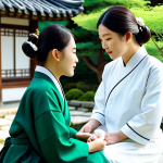 **

A serene scene in a traditional Korean garden. A fully clothed woman, appropriate attire, is receiving a personalized skincare consultation from a beauty expert wearing modest professional clothing. The setting is lush and green with visible herbal ingredients. Capture the essence of a premium K-beauty brand emphasizing natural ingredients and personalized service. Safe for work, perfect anatomy, correct proportions, professional.

**
