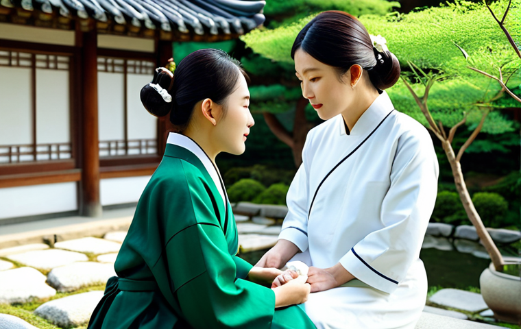 **

A serene scene in a traditional Korean garden. A fully clothed woman, appropriate attire, is receiving a personalized skincare consultation from a beauty expert wearing modest professional clothing. The setting is lush and green with visible herbal ingredients. Capture the essence of a premium K-beauty brand emphasizing natural ingredients and personalized service. Safe for work, perfect anatomy, correct proportions, professional.

**